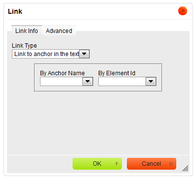 Link Info tab of the Link window for the Link to anchor in the text link type