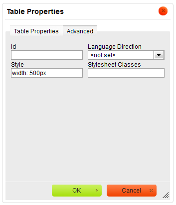 Advanced tab of the Table Properties window