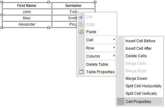 CKEditor's context menu for tables