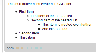 Nested bulleted lists added in CKEditor