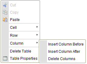 The context menu for a table column element