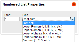 The Numbered List Properties dialog window in CKEditor
